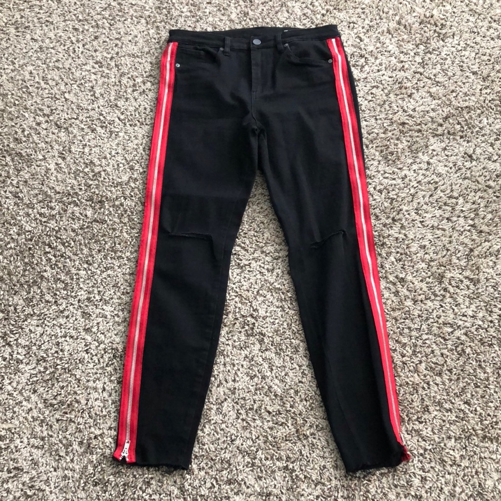 Blank NYC Jeans The Bond Skinny High-waist Black Red Stripe Side zippers SZ 30